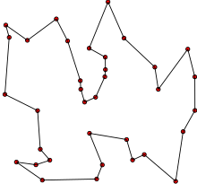 Solution of a travelling salesman problem -- the black line shows the shortest possible loop that connects every red dot..png