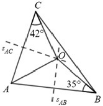 Симетралите на страните [tex]AB[/tex] и [tex]AC[/tex] на [tex]\triangle ABC[/tex] се пресичат в точката [tex]О[/tex], така че [tex]\sphericalangle OCA=42^\circ[/tex] и [tex]\sphericalangle OBA=35^\circ[/tex]  както е показано на чертежа. Мярката на [tex]\sphericalangle BOC[/tex] е: