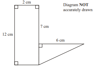 The diagram shows a 6-sided shape made from a rectangle and a right-angled triangle.
Work out the total area of the 6-sided shape.
