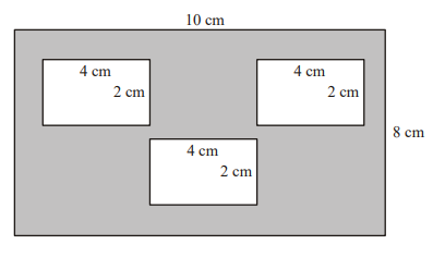 The diagram shows 3 small rectangles inside a large rectangle.
The large rectangle is 10 cm by 8 cm.
Each of the 3 small rectangles is 4 cm by 2 cm.
Work out the area of the region shown shaded in the diagram.