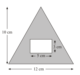 The diagram shows a rectangle inside a triangle.
The triangle has a base of 12 cm and a height of 10 cm.
The rectangle is 5 cm by 3 cm.
Work out the area of the region shown shaded in the diagram.
