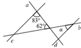 На чертежа правите [tex]c[/tex] и [tex]d[/tex] са успоредни. По данните от чертежа мярката на ъгъл [tex]\alpha[/tex] е: