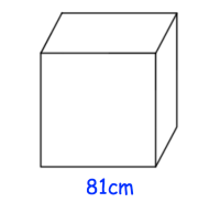 The diagram shows a solid block of ice.
A block of ice weighs ½ tonne.
The block is a cube with side length 81cm.
Find the density of the ice.
Give your answer in kilograms per cubic metre.